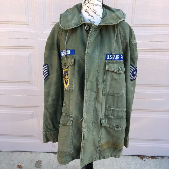 Vintage Men's US Air Force Military Jacket Hood Patches Med Reg Cotton OG 107 - Picture 1 of 12